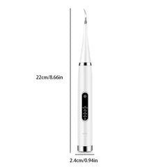 Plaque Remover - White electric dental tool with size markings showing 22cm height and 2.4cm base width, control panel with power button and mode indicators.