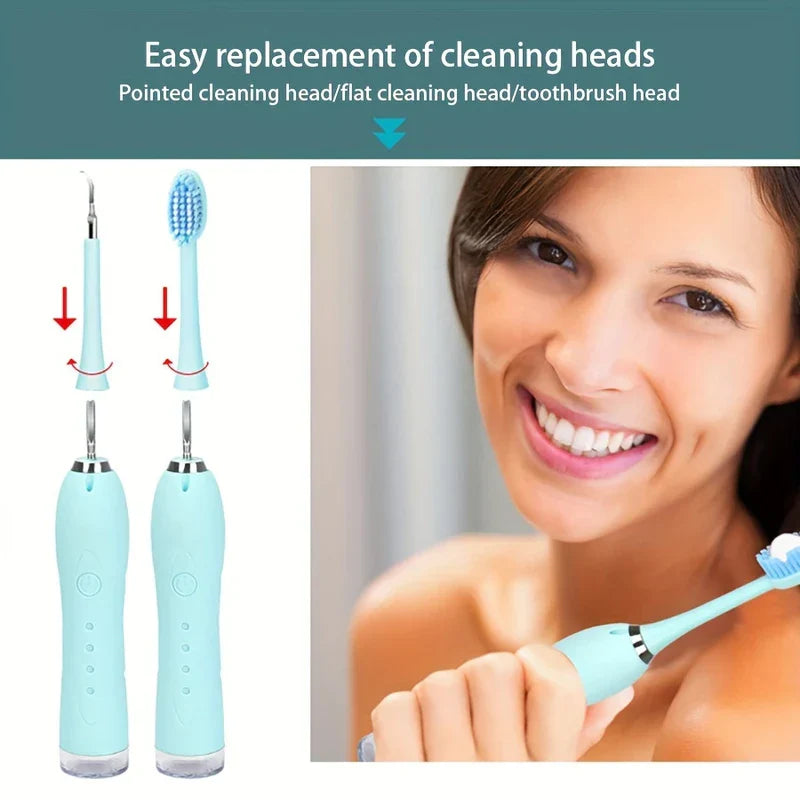 Kit removedor de sarro y placa dental: diagrama que muestra cabezales de limpieza intercambiables junto a una persona usando el accesorio de cepillo