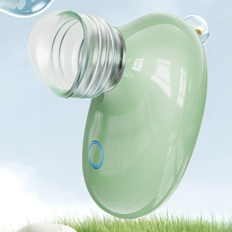 Electric Eye Wash Cup Cleaner - Sage green eye care device displayed against a light sky and grass background with decorative water droplets