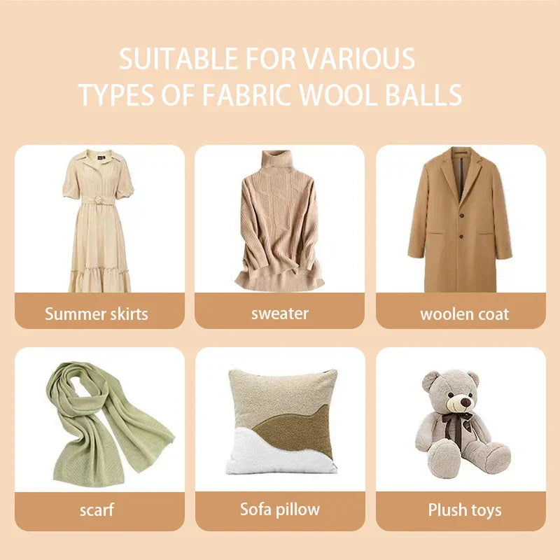 Lint Remover - Six-panel graphic showing garments and soft items suitable for lint removal, arranged in two rows