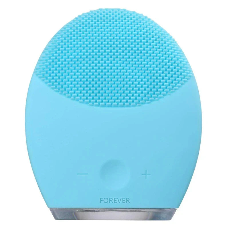 Electric facial cleansing brush with white handle and bristle head