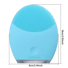 Light blue silicone facial cleansing brush, with dimensions 10cm tall by 8cm wide, against a white background