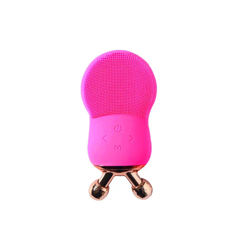Electric Facial Cleansing Brush - Bright pink silicone skincare device with textured bristle head, control buttons, and rose gold dual roller massage base