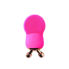 Electric Facial Cleansing Brush - Bright pink silicone skincare device with textured bristle head, control buttons, and rose gold dual roller massage base