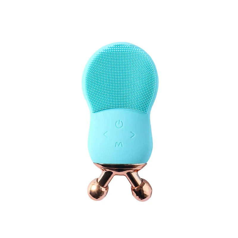 cepillo facial eléctrico - Cepillo de limpieza facial de silicona en azul claro con botones de control y un accesorio de masaje de doble bola en oro rosa