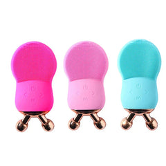 Electric Facial Cleansing Brush - Three skincare devices in hot pink, light pink, and turquoise, each with silicone cleansing head, control buttons, and rose gold massage base