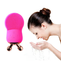 Electric Facial Cleansing Brush - Hot pink skincare device shown next to a person rinsing their face during a skincare routine