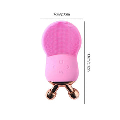 Electric Facial Cleansing Brush - Light pink silicone facial cleansing device with rose gold dual roller base, dimension lines marked 7cm wide and 13cm tall