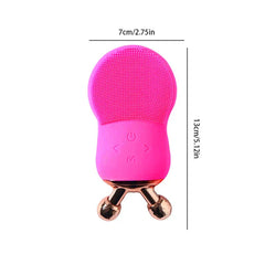 Electric Facial Cleansing Brush - Bright pink silicone facial cleansing device with rose gold dual roller base, dimension lines marked 7cm wide and 13cm tall