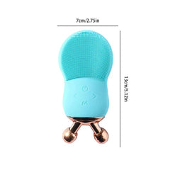 Electric Facial Cleansing Brush - Light blue silicone facial cleansing device with rose gold dual roller base, dimension lines marked 7cm wide and 13cm tall