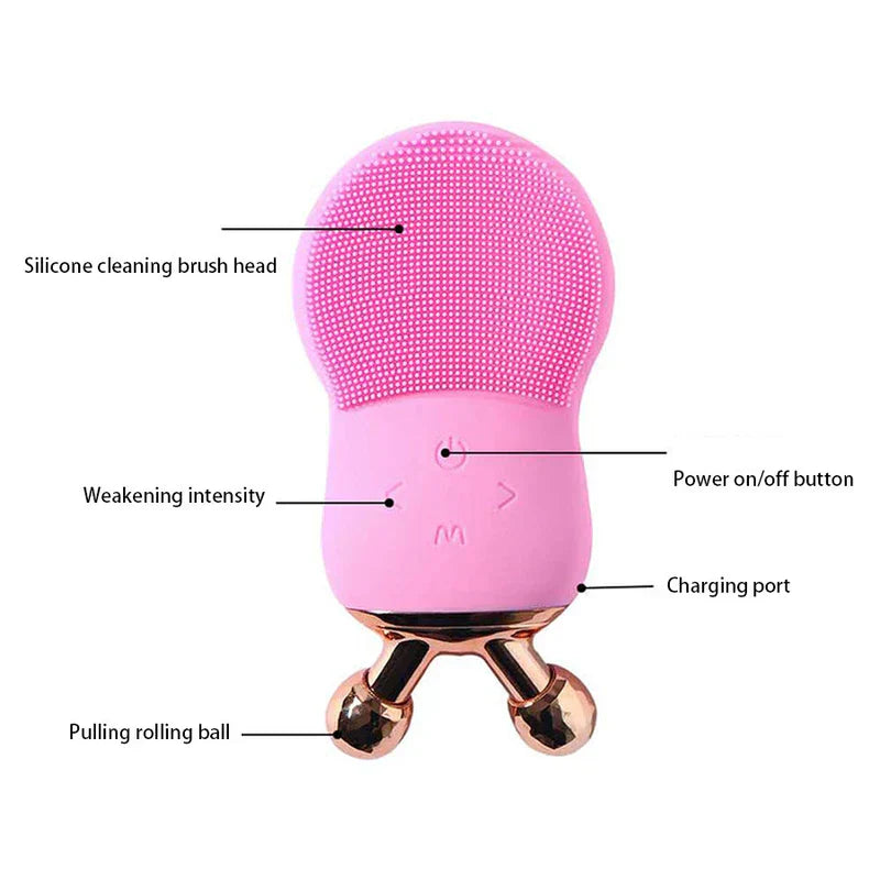 cepillo facial eléctrico - Dispositivo de limpieza facial de silicona en rosa con partes etiquetadas que incluyen cabezal de cepillo, botones de control, puerto de carga y bolas de masaje giratorias