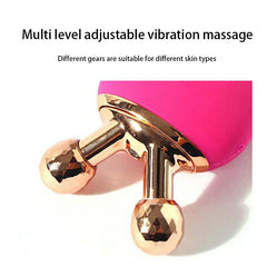 Electric Facial Cleansing Brush - Close-up of rose gold dual rolling massage heads on a pink device, with text about adjustable vibration levels