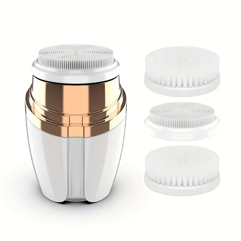 Facial Cleansing Spin Brush - Device unit displayed alongside all three included interchangeable brush heads