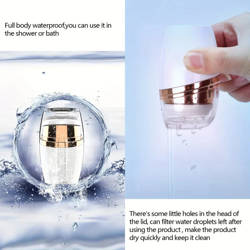 Facial Cleansing Spin Brush - Split product image: product shown submerged in splashing water left, dripping handheld product right, with descriptive text blocks