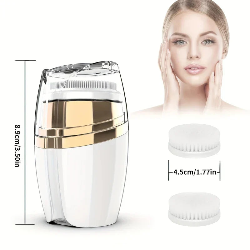 Facial Cleansing Spin Brush - Cleansing device with size measurement, two replacement brush heads, and a woman touching her face in background