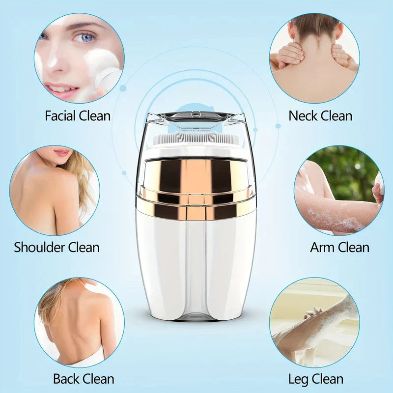 Facial Cleansing Spin Brush - Rechargeable electric facial cleansing brush displayed with labeled circular use case illustrations for face, neck, shoulder, arm, back, leg cleaning on a light blue background