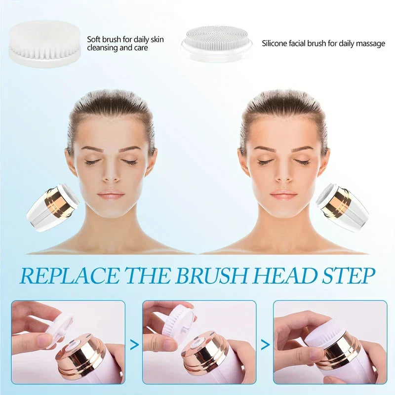 Facial Cleansing Spin Brush - Diagram showing two interchangeable cleansing brush heads, placement on face, and three-step brush head replacement process for the facial cleansing device