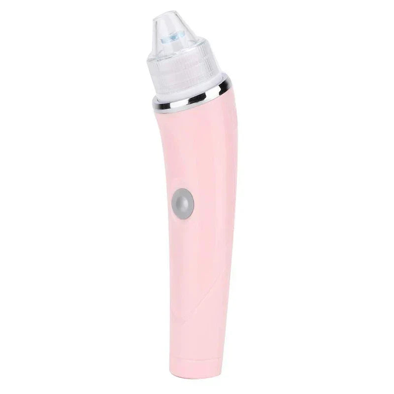 Pore Suction Cleaner - Light pink handheld electric facial cleansing device with clear suction tip, silver accent ring, and gray power button