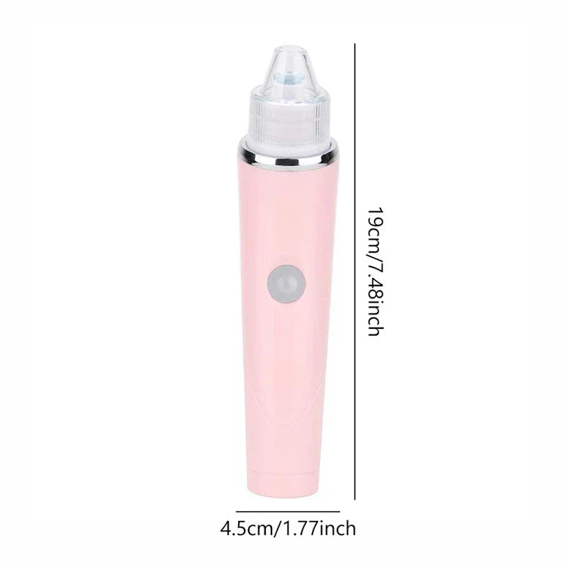Pore Suction Cleaner - Pink handheld electronic beauty device with clear tip, shown with height and width dimension lines.