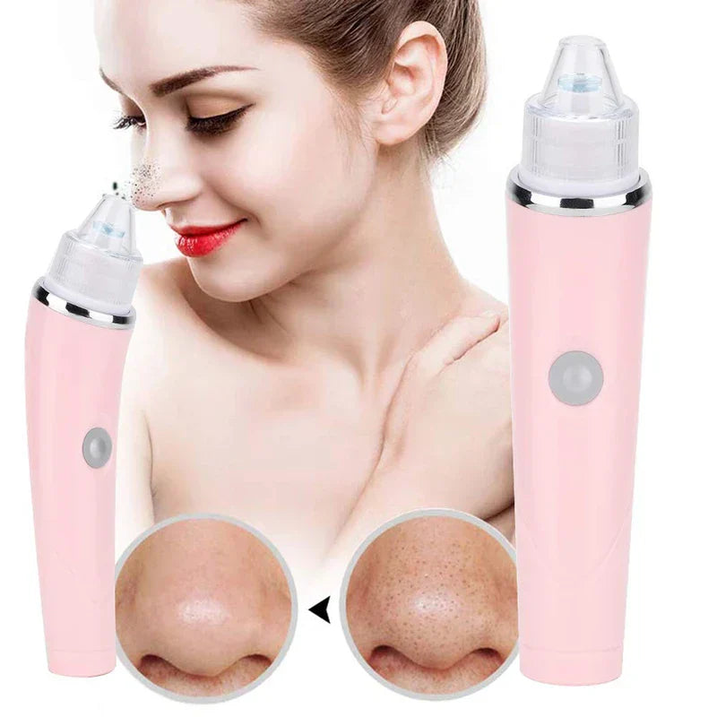 Pore Suction Cleaner - Two pink handheld beauty devices flank a woman using the device on her nose; inset circles show before and after close-ups of a nose.