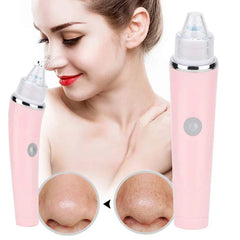 Pore Suction Cleaner - Two pink handheld beauty devices flank a woman using the device on her nose; inset circles show before and after close-ups of a nose.