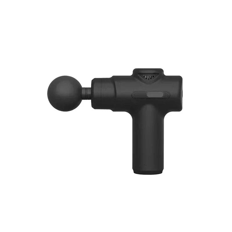 pistola de masaje eléctrica - Pistola de masaje mini en forma de T negra mate, vista frontal mostrando un cabezal de masaje redondo acoplado, botón de control y ventilación superior sobre fondo blanco