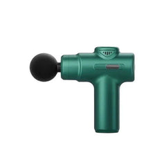 pistola de masaje eléctrica - Pistola de masaje mini en forma de T verde oscuro mate, vista frontal mostrando un cabezal de masaje redondo negro acoplado, botón de control y ventilación superior sobre fondo blanco