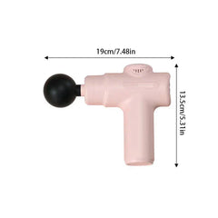 Electric Fascia Vibration Recovery Gun - Pastel pink mini massage gun with black spherical massage head, showing length and height dimension measurements