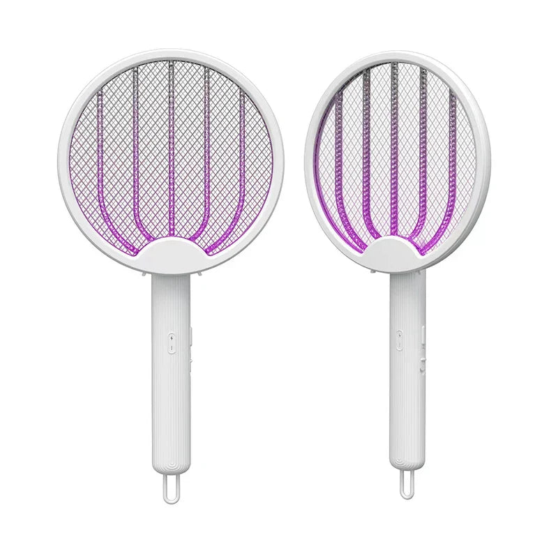 Electric fly swatter bug zapper racket held in hand