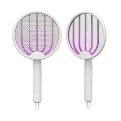 Electric fly swatter bug zapper racket held in hand