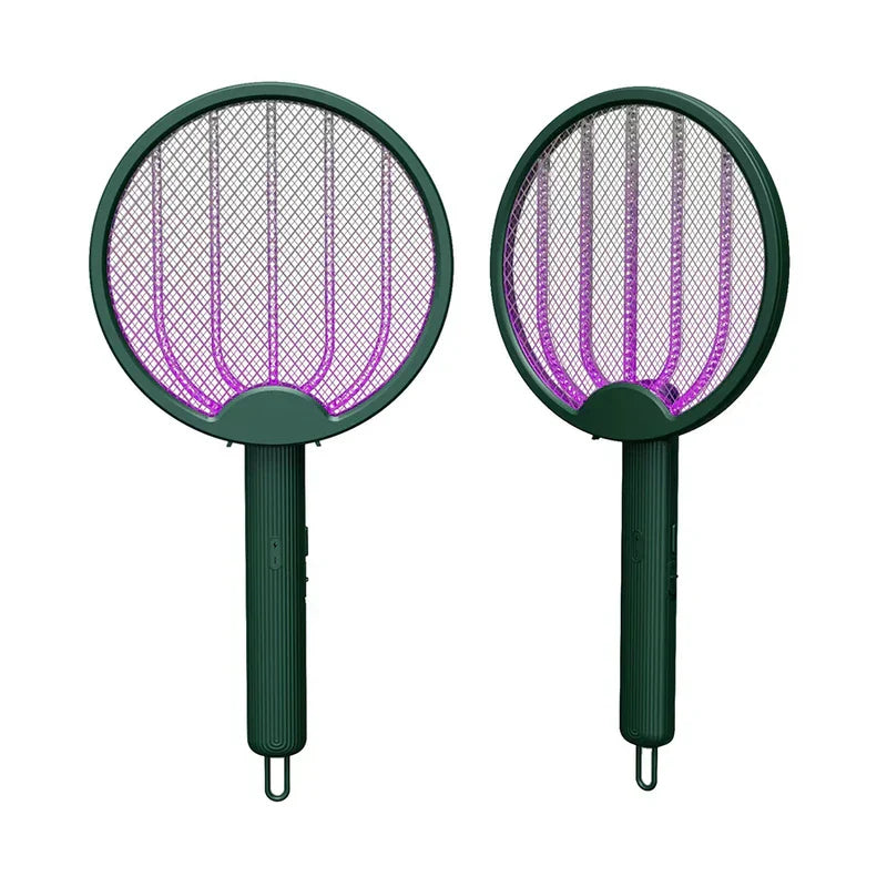 Electric Fly Swatter - Two dark green electric fly swatters with purple glowing lights, shown side by side against a plain white background