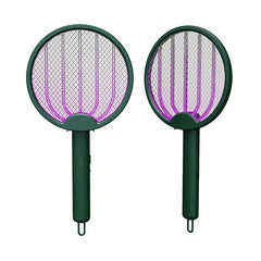 Electric Fly Swatter - Two dark green electric fly swatters with purple glowing lights, shown side by side against a plain white background
