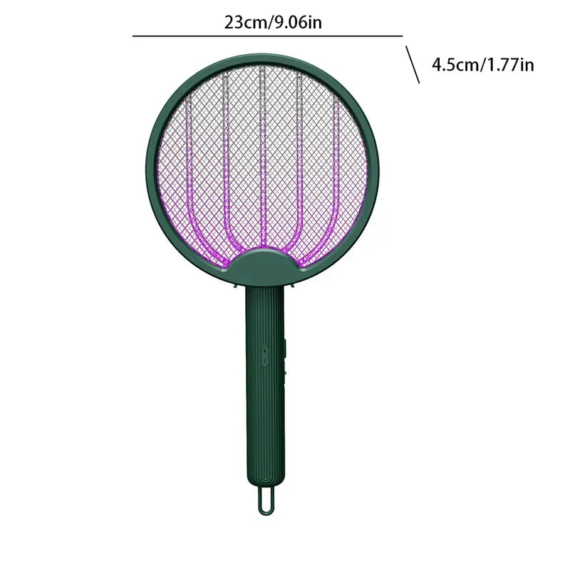 Electric Fly Swatter - Two-in-one electric mosquito swatter with dark green handle and purple light, shown with size dimension measurements.