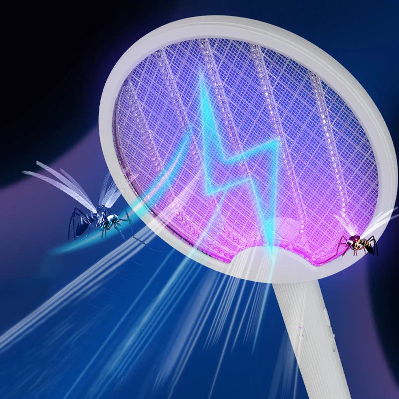 A white electric fly swatter with purple light and blue electric arcs, showing two mosquitoes near the mesh net against a dark blue background