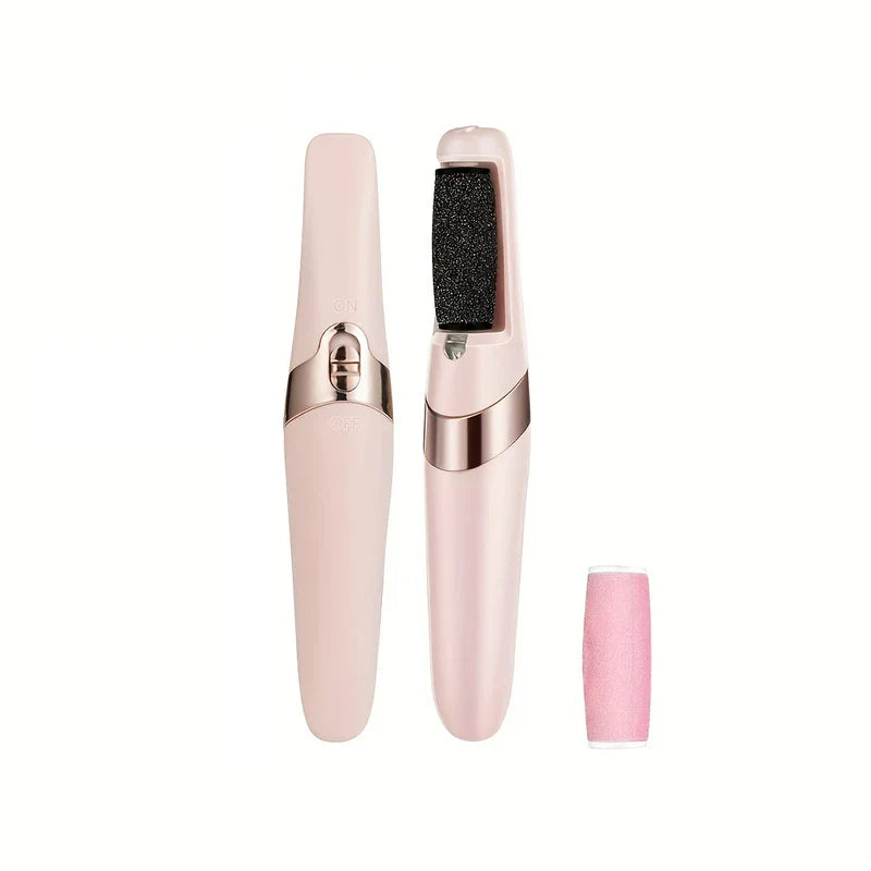 Electric Foot Callus Remover - Closed and open pink handheld foot care tool with rose gold accent, black textured roller, and extra pink replacement roller