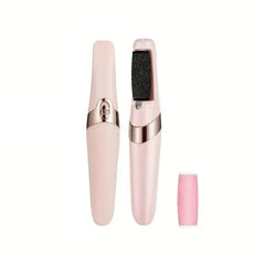 Electric Foot Callus Remover - Closed and open pink handheld foot care tool with rose gold accent, black textured roller, and extra pink replacement roller