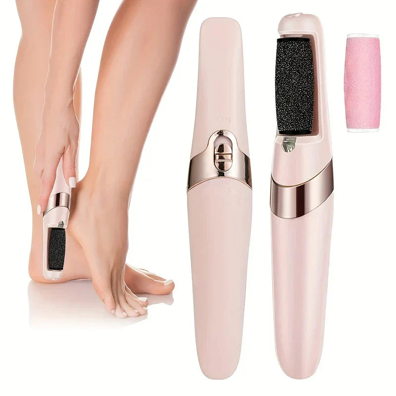 Electric Foot Callus Remover - Hand using the foot care tool on the heel of a foot, displayed alongside closed unit, open unit with black roller, and pink replacement roller
