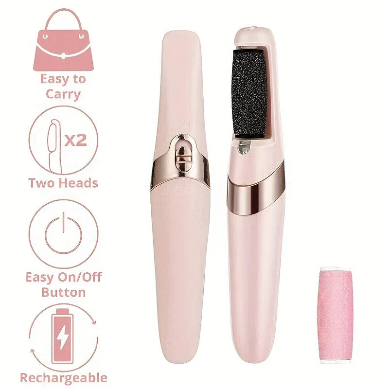 Electric Foot Callus Remover - Infographic highlighting portability, two roller heads, simple on/off control, and rechargeable design, shown with the foot care tool and replacement roller