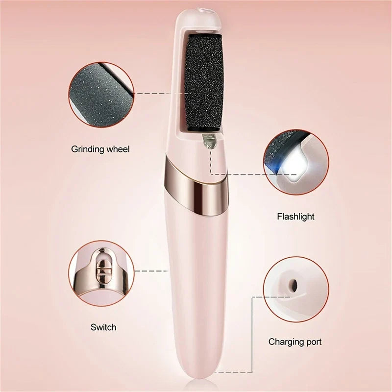 Electric Foot Callus Remover - Pink electric foot file with labeled parts: grinding wheel, flashlight, switch, and charging port