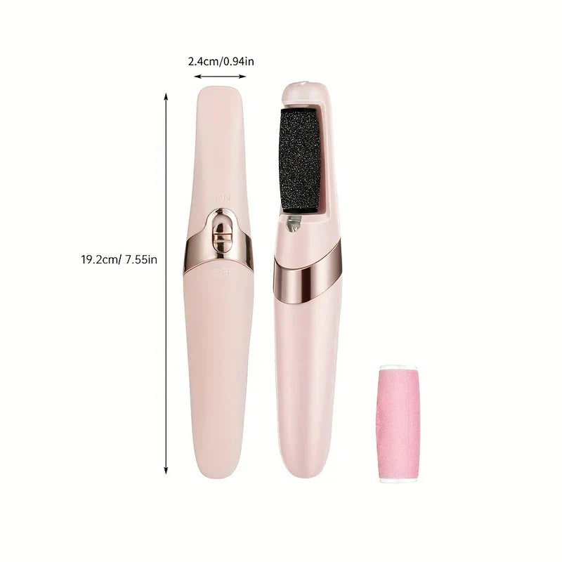 Electric Foot Callus Remover - Two views of a pink electric foot file showing dimensions 19.2cm length and 2.4cm width, plus a pink replacement roller