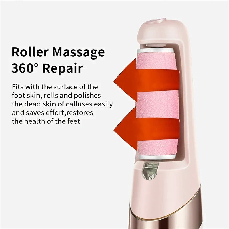 Electric Foot Callus Remover - Close-up of a pink electric foot file showing its pink abrasive roller with red arrows indicating 360-degree rotation.