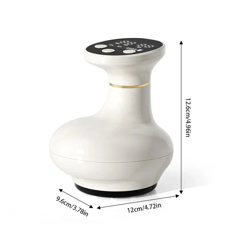 gua sha électrique - Appareil portatif blanc avec panneau de contrôle noir en haut, bande dorée, affichant les dimensions hauteur et largeur