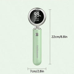 Trimmer - Mint and silver lint remover with digital battery display, showing 22cm height and 7cm width dimension lines.