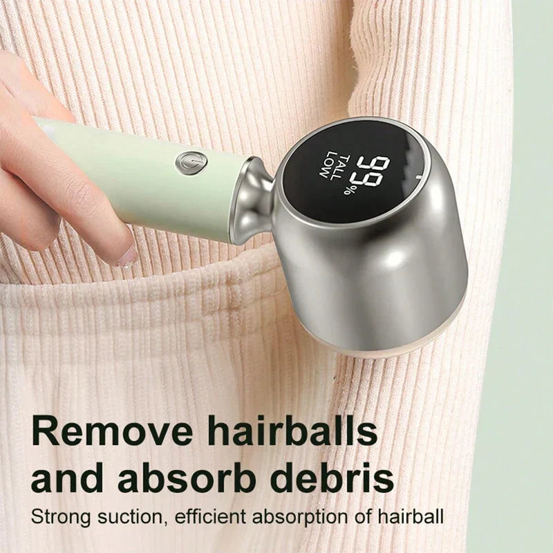 Trimmer - Hand holding the lint remover against a cream knit sweater, with on-screen text and product caption visible.