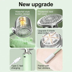 Trimmer - Grid of 5 close-up views showing the lint remover's suction design, mesh cover, blades, charging port, and accessory.