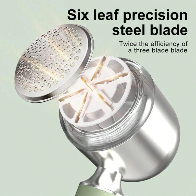 Trimmer - Close-up of a six-leaf steel blade lint shaver head with blade cover lifted, with text about blade efficiency.