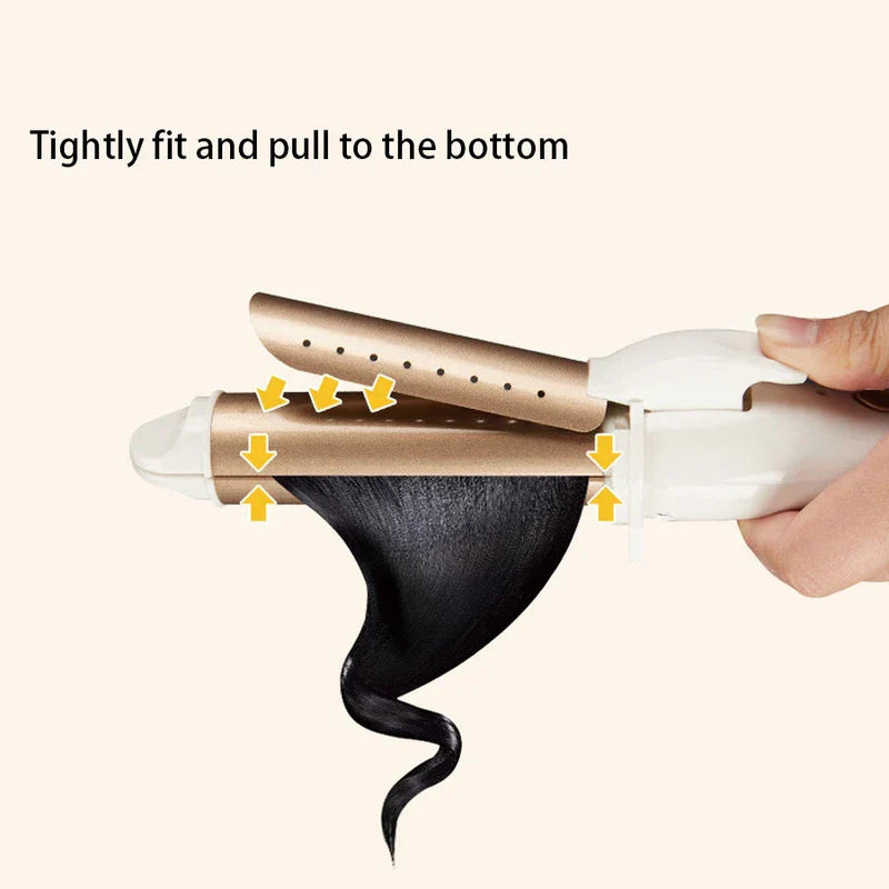 Curling wand being used to style a section of hair