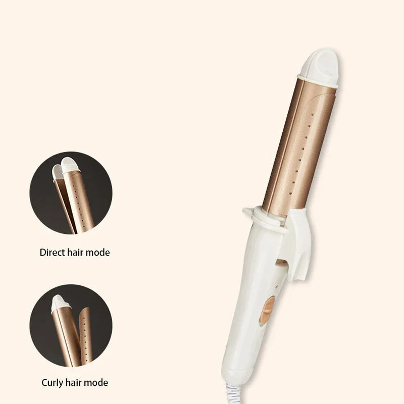 Curling Wand - Two-in-one hair styler in white and rose gold, shown with straight hair and curly hair mode insets.