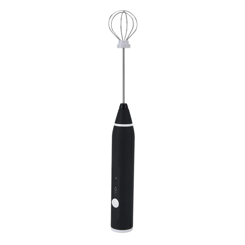 Electric Hand Mixer - Black handheld mixing tool with balloon whisk attachment, shown upright against a plain white background