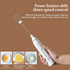 Electric Hand Mixer - Hand holding electric mixer, diagram showing three speed settings with corresponding example uses